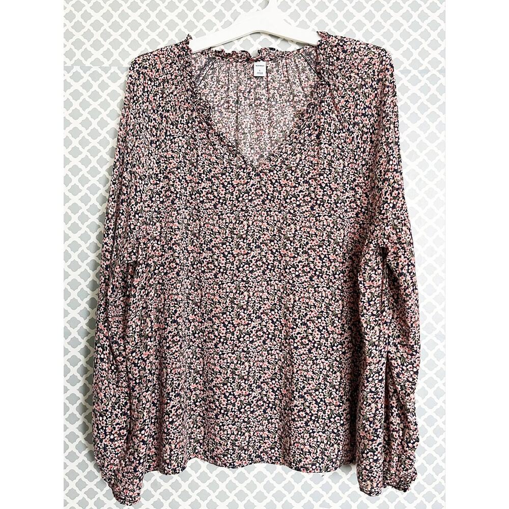 Old Navy Ditsy Floral Split Neck Peasant Blouse Ruffle Cuffs L - Picture 3 of 9